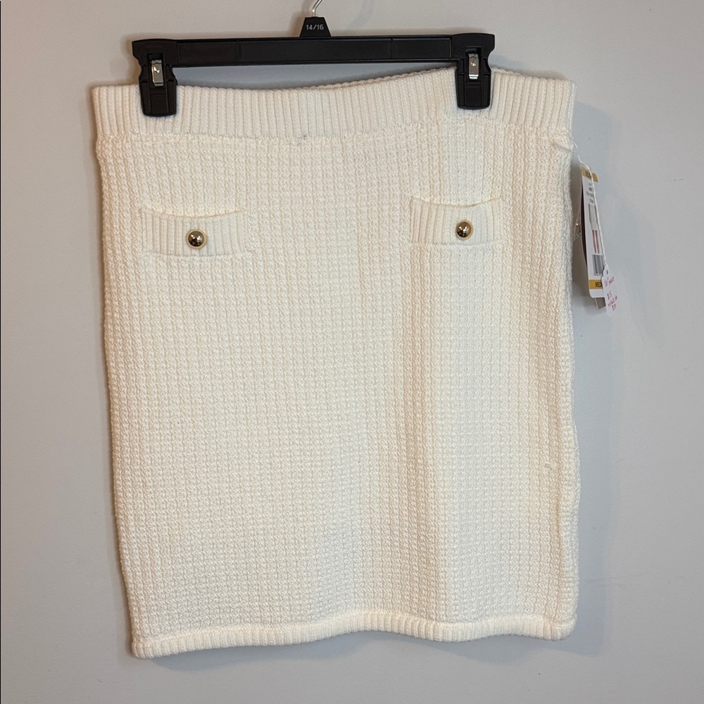 French Connection Cream Knit Pencil Skirt with Gold Buttons